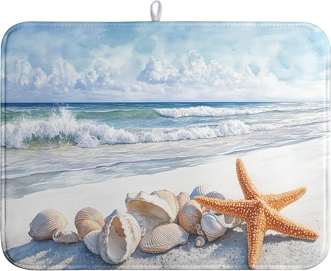 Summer Beach Dish Drying Mat for Kitchen Counter Starfish Coastal Shells by farg