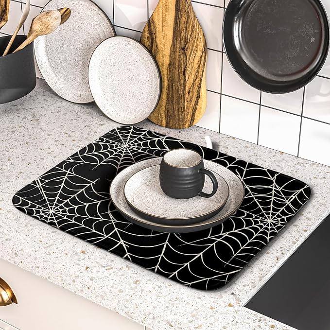 Halloween Dish Drying Mat for Kitchen Counter 16x18 Spider Web Black Holiday - Image 5