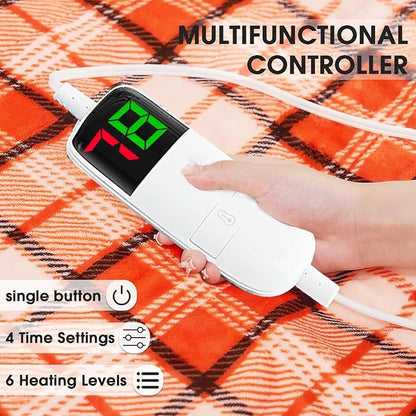 OCTROT Heated Electric Blanket Queen Size, 84X90 Heating Blanket Queen with Dual Control&10 Heats Levels&Timer for Bed,Orange Plaid Sherpa Blankets Warmer Gift for Grandma Women Halloween Home Decor