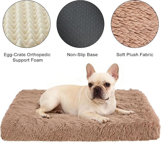 Fluffy Orthopedic Dog Beds for Large Dogs with Washable Removable Cover Dog Crate Bed Egg Crate Foam Support Plush Pet Pad Mat with Anti-Slip Bottom (42 * 28,Khaki)
