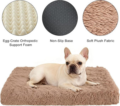 Fluffy Orthopedic Dog Beds for Large Dogs with Washable Removable Cover Dog Crate Bed Egg Crate Foam Support Plush Pet Pad Mat with Anti-Slip Bottom (42 * 28,Khaki)