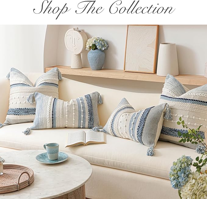 BlissBlush Coastal Blue Boho Decorative Throw Pillow Cover 22x22 Modern Bohemian Accent Pillow Case Square Woven Textured Farmhouse Pillows for Couch Bed (Pack of 1)