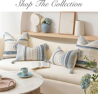 BlissBlush Coastal Blue Boho Decorative Throw Pillow Cover 22x22 Modern Bohemian Accent Pillow Case Square Woven Textured Farmhouse Pillows for Couch Bed (Pack of 1)