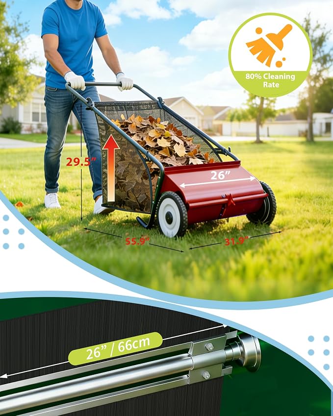 Push Lawn Sweeper, 26 in Width Enhanced 4-Brush System, 7 ft Capacity Heavy - Image 5