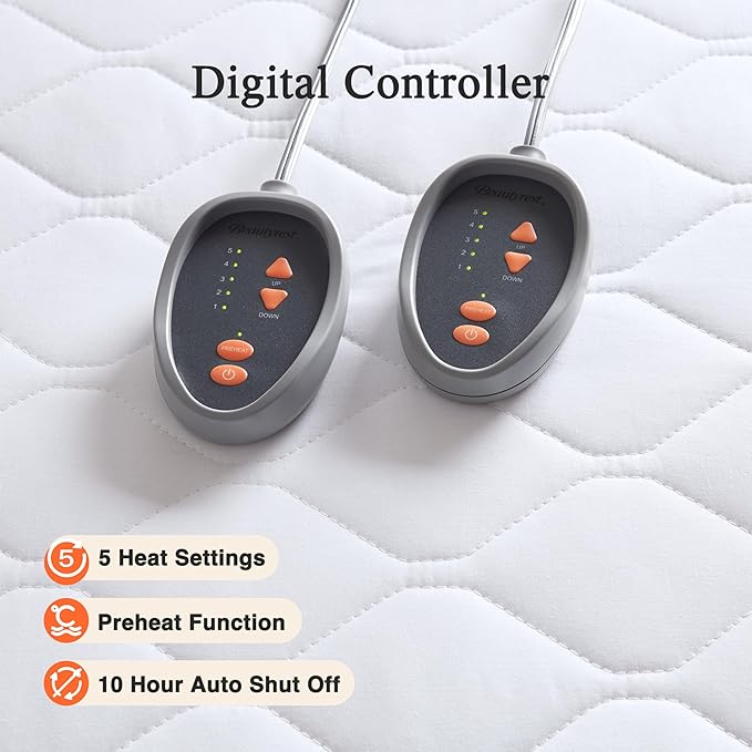Beautyrest Cotton Blend Heated Mattress Pad Secure Comfort Technology - Luxury Quilted Electric Mattress Pad with Deep Pocket - 5-Setting Heat Controllers, Queen, White