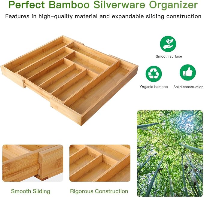 Pipishell Bamboo Silverware Organizer, Expandable Cutlery Tray, Utensil Drawer - Image 4