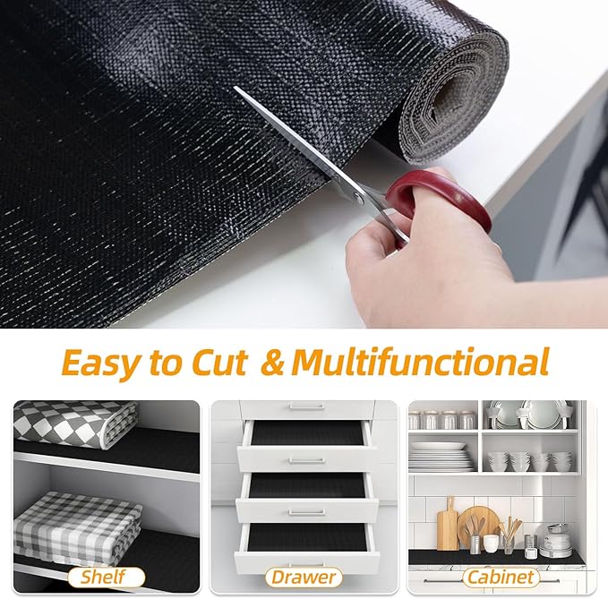 Shelf and Drawer Liner for Kitchen Cabinets Non-Adhesive, Strong Grip Non-Slip Thickened Cabinet Liners for Shelves, Waterproof Mats for Dresser Cupboard, Black, 17 in x 30 Feet
