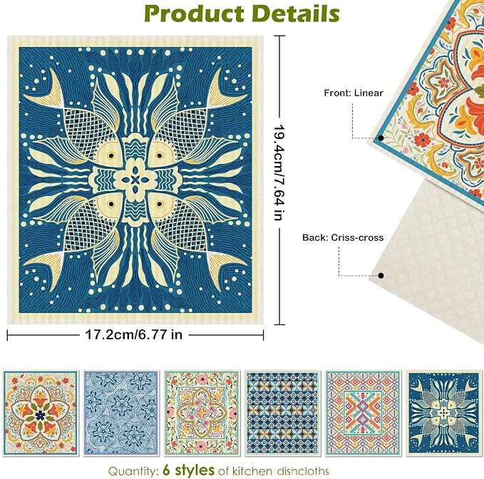 6 Packs Swedish Paper Cloths for Kitchen, Reusable Paper Towels Washable Dish - Image 2