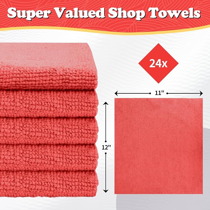 FIXSMITH Microfiber Cleaning Cloth, Shop Towels Bulk, 24 Pack Red Microfiber - Image 2
