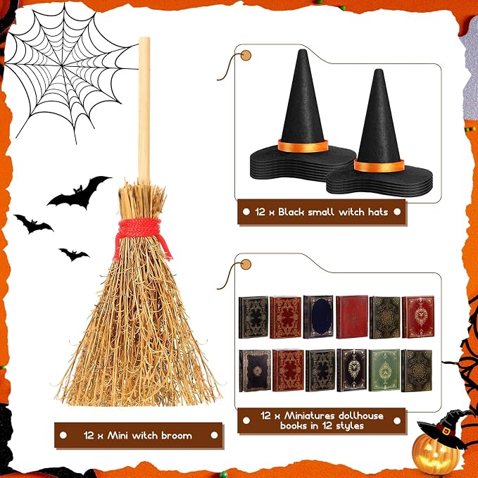 36 Pieces Mini Halloween Decorations 12 Mini Felt Witch Hats 12 Small Brooms 12 - Image 4