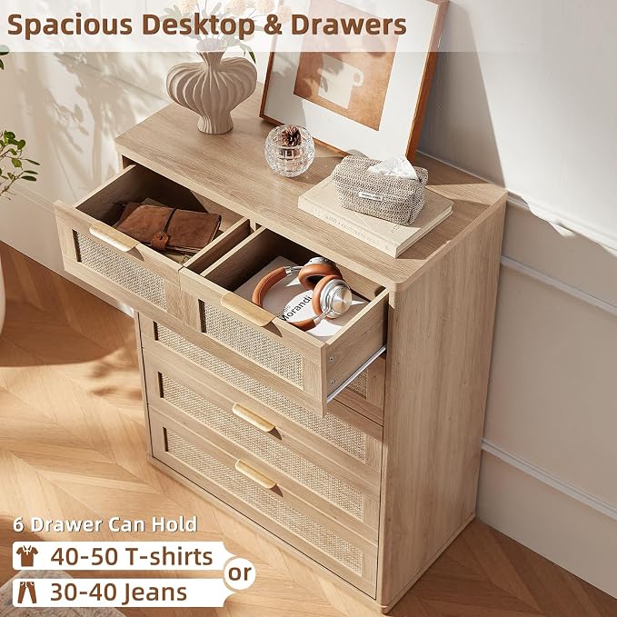 LEYAOYAO Rattan Dresser for Bedroom Set of 2, Modern 6 Drawers Boho Dressers - Image 5