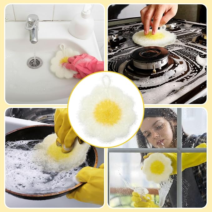 6 Piecs Daisy Shape Dish Sponge Dual Sided Non Scratch Daisy Dish Washing - Image 5
