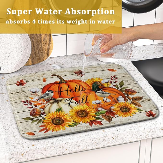 Hello Fall Dish Drying Mat Autumn Pumpkin Dish Drainer Rack Mats 16"x18" Fast - Image 7