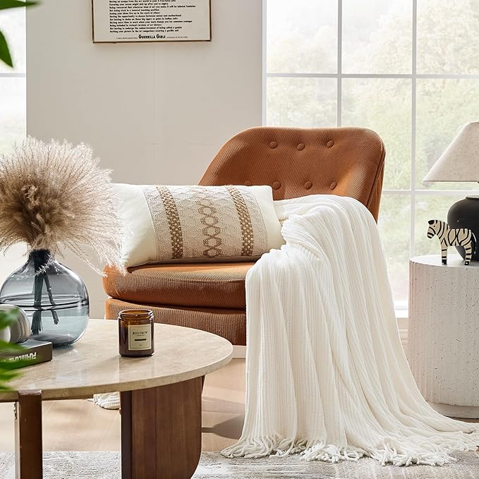 inhand Throw Blanket for Couch Bed,Chunky Chenille Woven Soft Blankets with Tassels, Cozy Boho Farmhouse Fall Winter Decor,Warm for Women,60"x80",Medium Thick-Off White