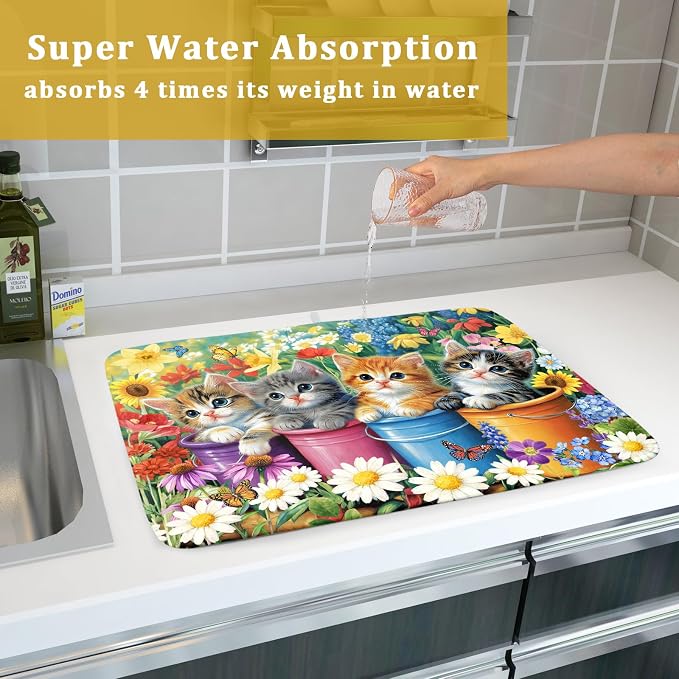 Lovely Cat Drying Mat for Kitchen Counter Colorful Flower Absorbent Coffee Bar - Image 7