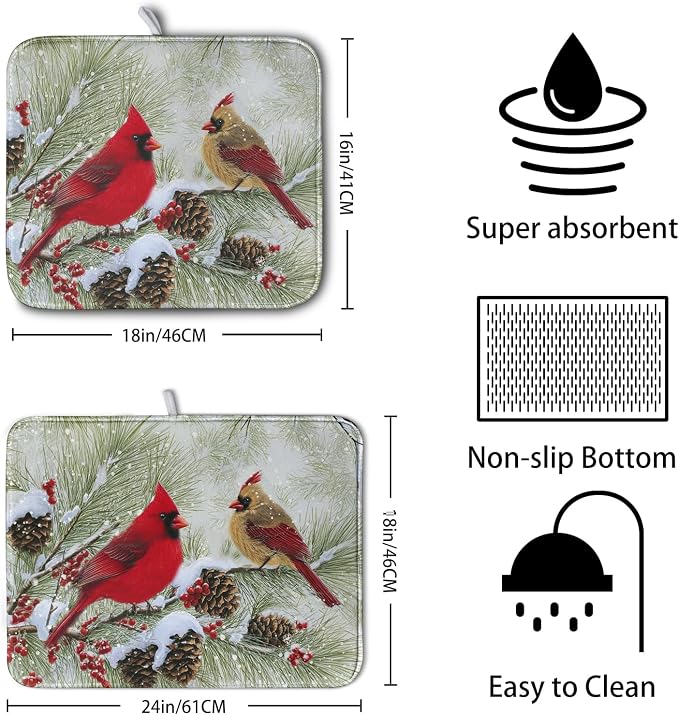 Winter Dish Drying Mat for Kitchen Counter 16x18 Inch Christmas Red Birds - Image 2