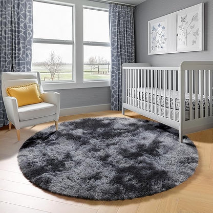 ONASAR Tie-Dyed Dark Grey Round Area Rug 4ft, Ultra Soft Bedroom Circle Rugs for Kids Girls Boys Teen, Fluffy Plush Shaggy Carpet Floor Mats for Nursery Dorm Living Room Office Home Decor
