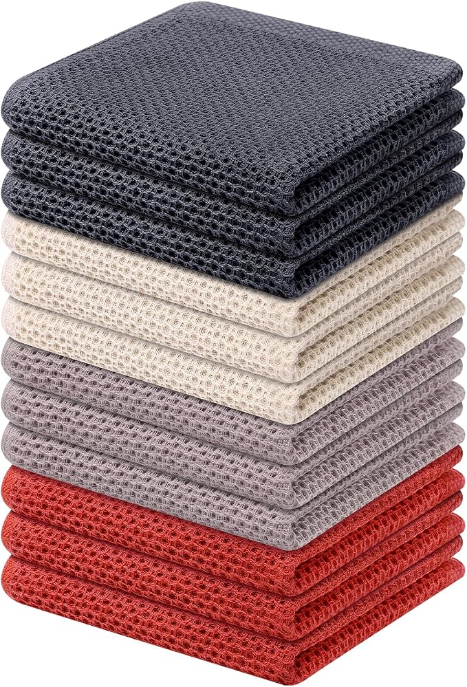 Kitinjoy 100% Cotton Kitchen Dish Cloths, 12 Pack Waffle Weave Ultra Soft by Kitinjoy