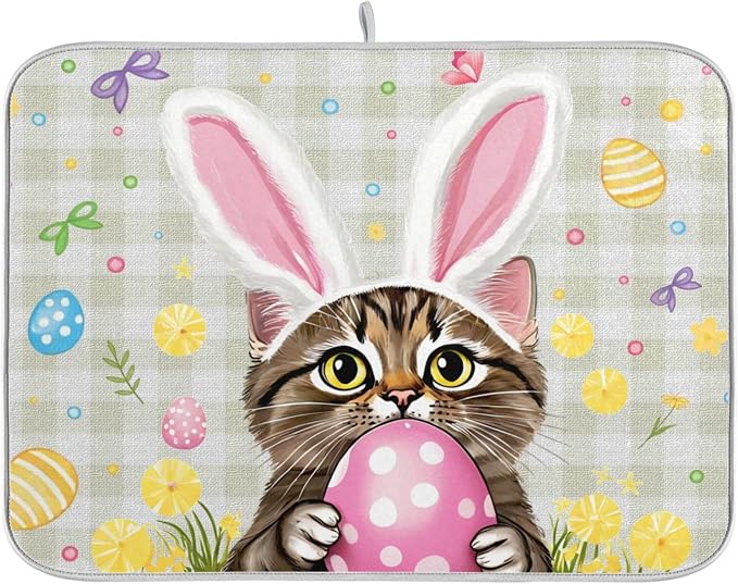 Happy Easter Day Pink Dish Drying Mat Quick Absorbent 16x18 Easter Bunny Rabbit by Wamika