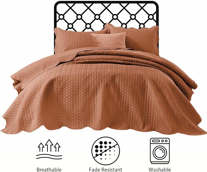 IR Imperial Rooms California King Quilt Bedding Set Size (118"x106") + 2 Pillow Shams (20" x 36"+ 2") - 3 Pcs All Season Reversible Microfiber Coverlet Embossed Quilt Bedspread (Rust)