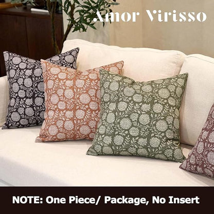 Amor Virisso Floral Throw Pillow Covers 18x18 Block Print Pillow Covers Vintage Neutral Couch Pillows for Living Room Farmhouse Decorative Accent Sofa Pillows, Brownish Orange