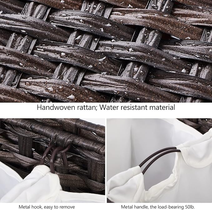 Laundry Hamper with 3 Removable Liner Bags; 132L Handwoven Rattan Laundry - Image 6