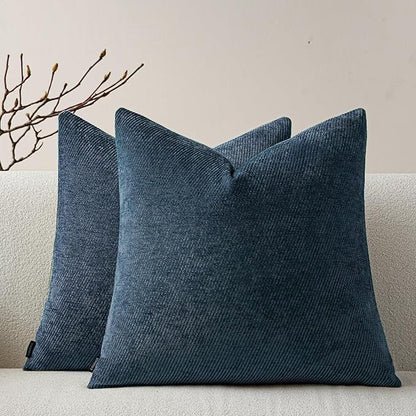 a moment Pack of 2 Decorative Chenille Throw Pillow Covers with Twill Cushion Covers for Sofa Living Room Couch Bed 22x22 Inch Blue