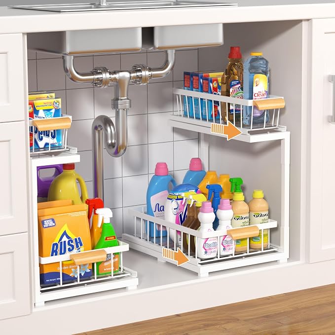 Under Sink Organizer 2 Tier, Pull Out Drawer Slides Under Sink Storage by MERATIA