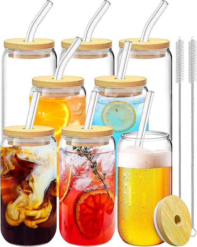 Drinking Glasses with Bamboo Lids and Glass Straw 8PCS Set, 16oz Glass Cups by WISIMMALL