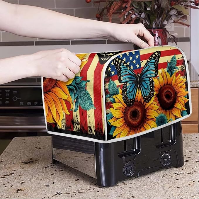 Sunflower Butterfly Print Toaster Cover 2 Slice American Flag Small Kitchen Appliance Cover, Washable Oven Protector Anti-dust Bread Maker Protector