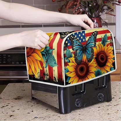 Sunflower Butterfly Print Toaster Cover 2 Slice American Flag Small Kitchen Appliance Cover, Washable Oven Protector Anti-dust Bread Maker Protector