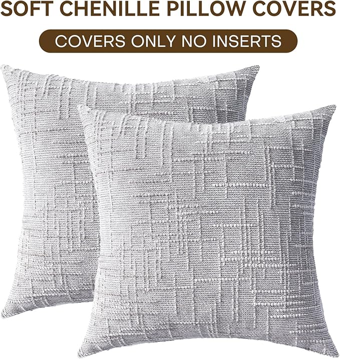 Decorative Throw Pillow Covers 18x18 Inch Set of 2, Soft Solid Farmhouse Chenille Couch Pillows, Spring Pillow Covers for Couch Sofa Bed Living Room Home Decor Pillowcase, Light Gray