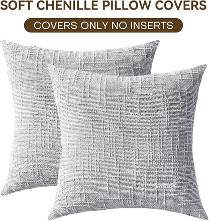 Decorative Throw Pillow Covers 18x18 Inch Set of 2, Soft Solid Farmhouse Chenille Couch Pillows, Spring Pillow Covers for Couch Sofa Bed Living Room Home Decor Pillowcase, Light Gray