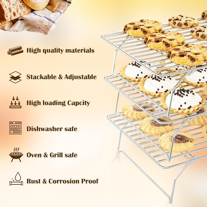 3 Tier Stackable Cooling Rack for Batch Cooling Cookie, Cake-15.8”x 10”- Heavy - Image 2