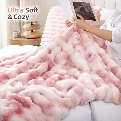 Smoofy Faux Fur Throw Blanket for Couch Rabbit Fleece - Tie-dye Pink Fluffy Blanket for Sofa Bedroom Living Room, Cozy Soft Plush Luxury Thick Winter Fuzzy Comfy Bubble Blanket - 50" x 60"