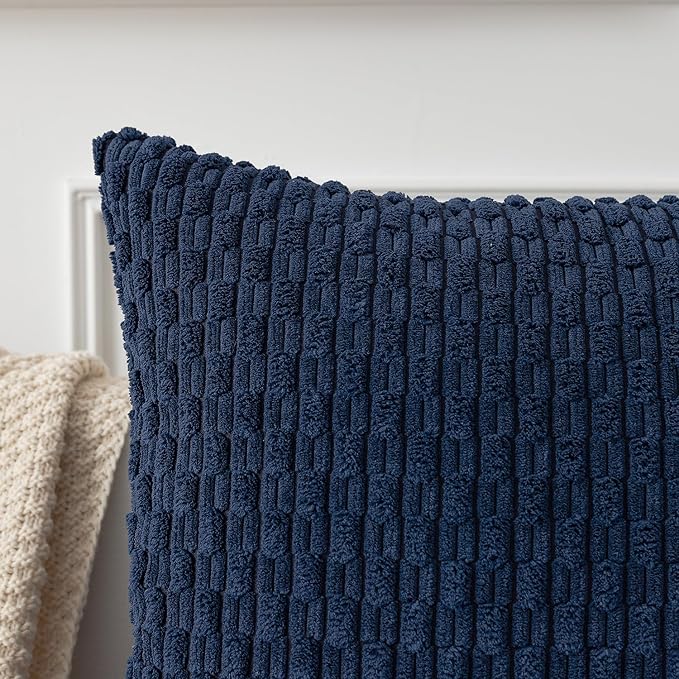 Kevin Textile 14x24 Inch Pillow Cover 1 Pack Boho Decorative Soft Striped Corduroy Lumbar Farmhouse Color Accent Rectangle Cushion Case for Living Room Couch Sofa Bed, Navy Blue