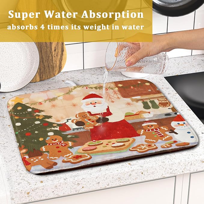 Christmas Dish Drying Mat for Kitchen Counter 16x18 Santa Claus Gingerbread - Image 7