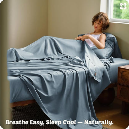 Bedsure Cooling Sheets, Rayon Derived from Bamboo & Cotton Blend, GentleSoft, Breathable, King Size Sheets Set, Deep Pocket Up to 18", Hotel Luxury Bedding for Hot Sleepers, Dusty Blue