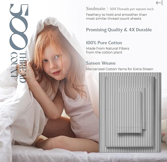 Mayfair Linen 100% Cotton Striped Sheets King Size Bed Set - 500 Thread Count Damask Sheets King Size 4 PC Set (Silver Grey Stripe), Soft, Cooling, Sateen Weave Hotel-Quality 16" Deep Pocket Bedsheet