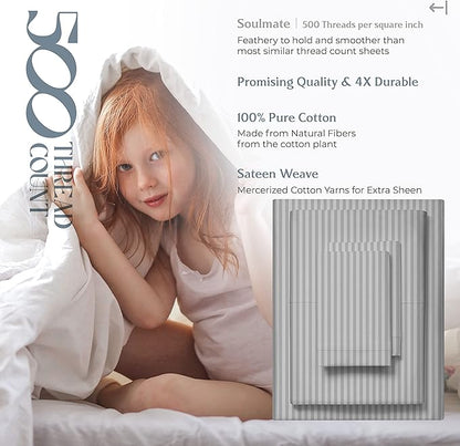 Mayfair Linen 100% Cotton Striped Sheets King Size Bed Set - 500 Thread Count Damask Sheets King Size 4 PC Set (Silver Grey Stripe), Soft, Cooling, Sateen Weave Hotel-Quality 16" Deep Pocket Bedsheet