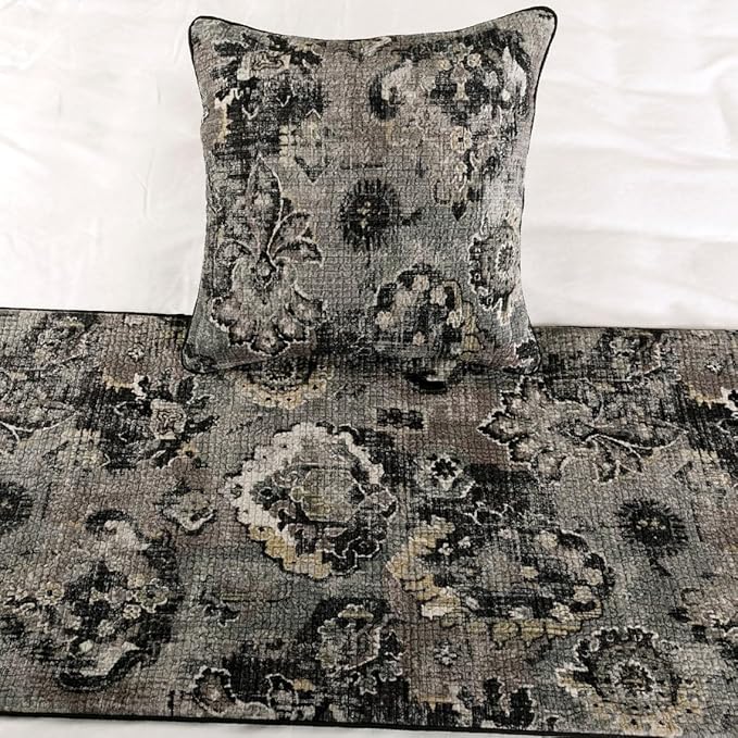The HomeCentric Handmade Black & Grey Twin 53 x 18 inch Bed Runner with Matching Pillow Cover, Velvet Damask with Tassels Bed Scarf, Abstract Modern - Paved Damask