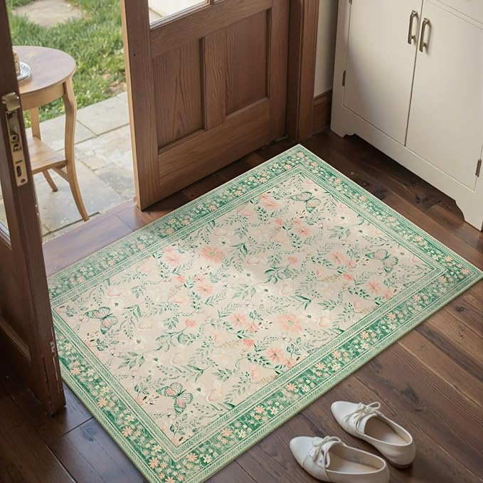 Door Mat Floral Entryway Rug, Washable Samll 2x3 Rug, Boho Green Front Door Mat - Image 2