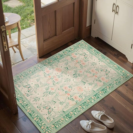 Door Mat Floral Entryway Rug, Washable Samll 2x3 Rug, Boho Green Front Door Mat - Image 2