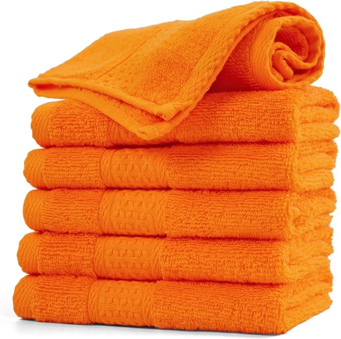 Cleanbear Washcloths Orange Face Cloths Set of 6 Large All Cotton Bathroom Wash by Cleanbear