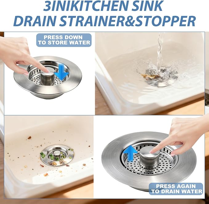 Kitchen Sink Drain Strainer, Stainless Steel 3-in-1 Pop-up Sink Stopper - Image 3
