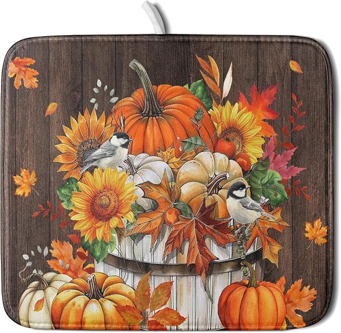 Fall Pumpkin Dish Drying Mat for Kitchen Counter Decor 16x18 Inch Halloween by Giwawa