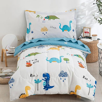 DJY Cotton Toddler Bedding Set for Boys Girls, 4 Pieces Dinosaur Toddler Bed Comforter Set, Includes Quilted Comforter, Flat Sheet, Fitted Sheet and Pillowcase