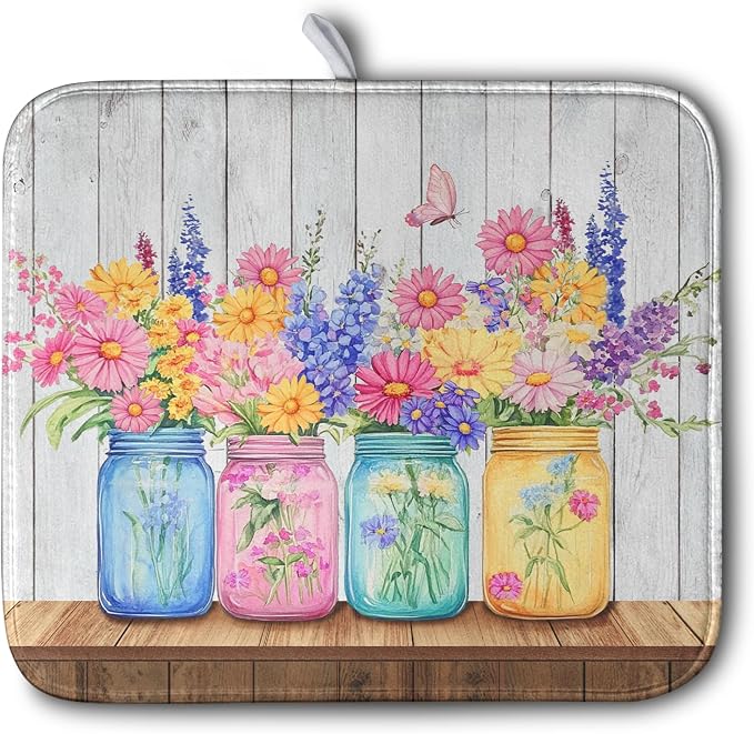 Daisy Dish Drying Mat for Kitchen Counter Spring Summer Flowers Vases Dishes by Kwlegh