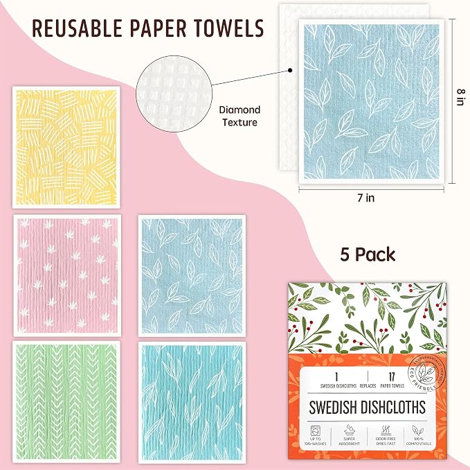 Swedish Dishcloths for Kitchen, 5 Pack Reusable Paper Towels Washable, Super - Image 2