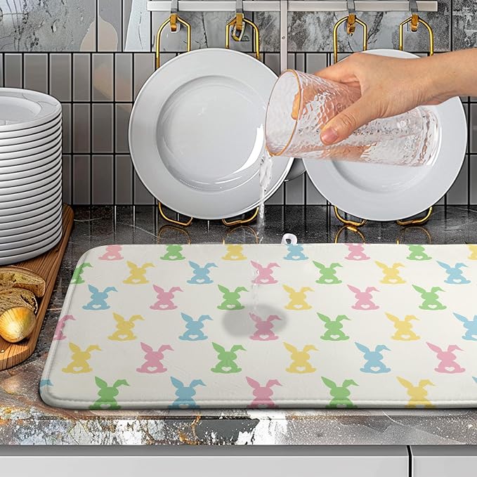 Easter Bunny Dish Drying Mat Colorful Cute Rabbits Kitchen Drying Mat Spring - Image 5